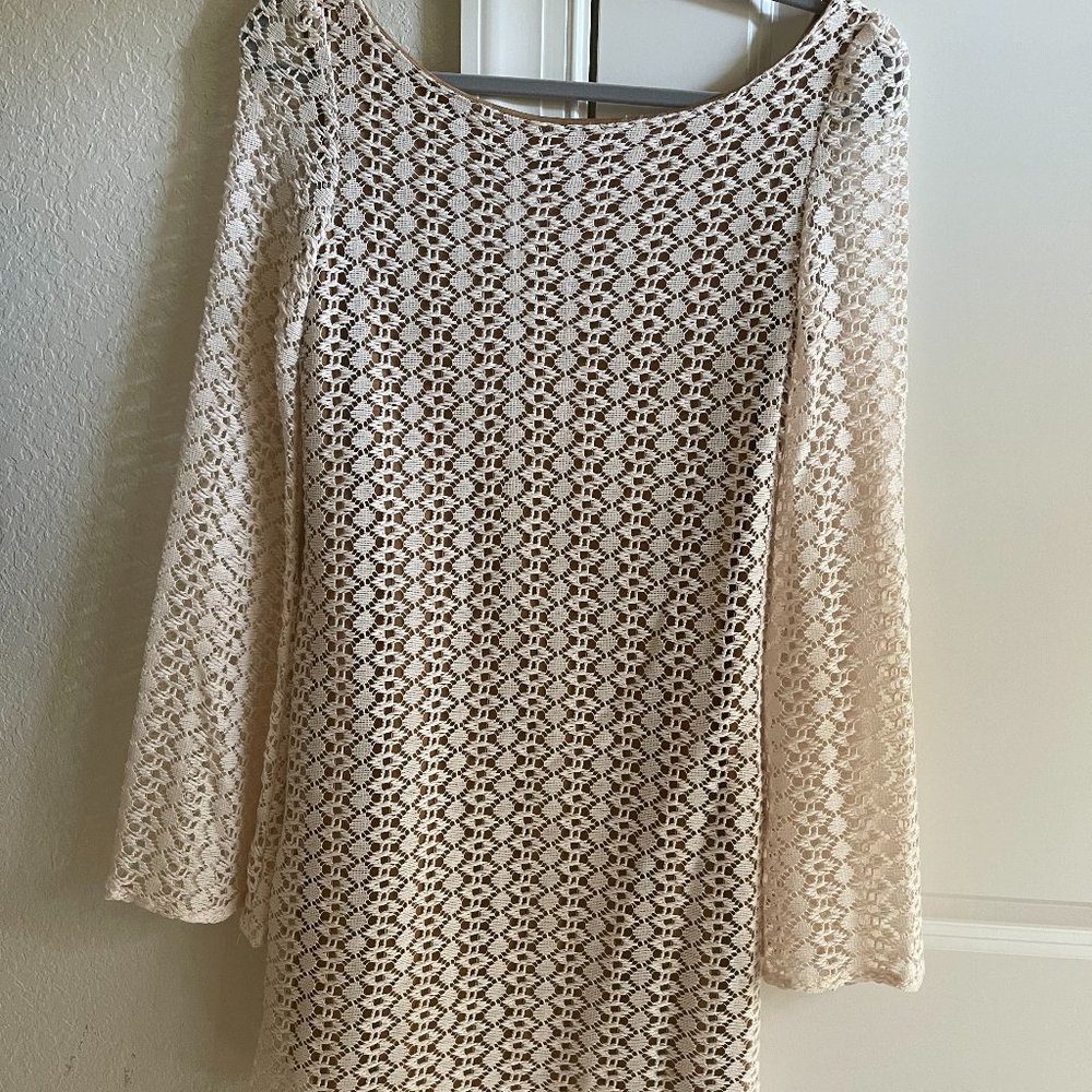 Judith March white lace dress with tan underlay, reversible, size small